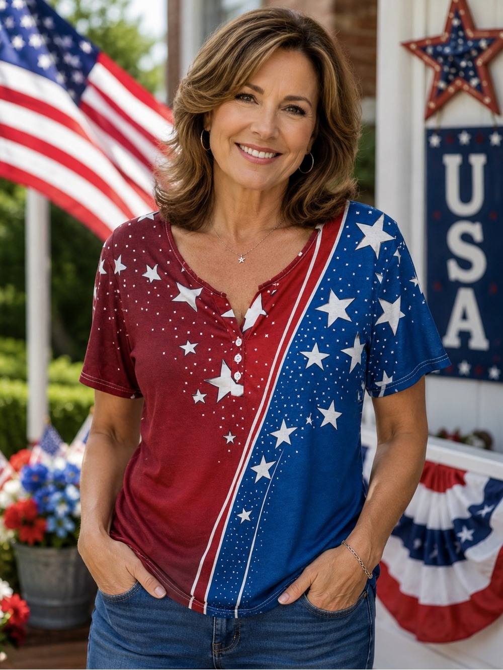 🇺🇸Patriotic Star Split-Color Short Sleeve Top - Red & Blue🇺🇸 Holiday shirt.